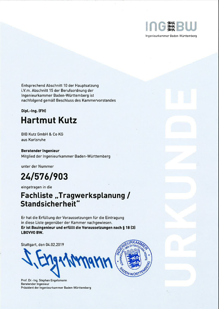 BIB Kutz - Fachliste Tragwerksplanung und Standsicherheit Hartmut Kutz BIB Kutz - Fachliste Tragwerksplanung und Standsicherheit Hartmut Kutz