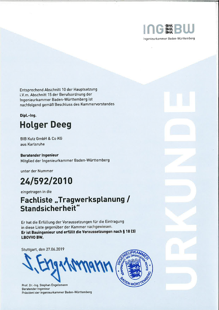 BIB Kutz - Fachliste Tragwerksplanung und Standsicherheit Holger Deeg BIB Kutz - Fachliste Tragwerksplanung und Standsicherheit Holger Deeg